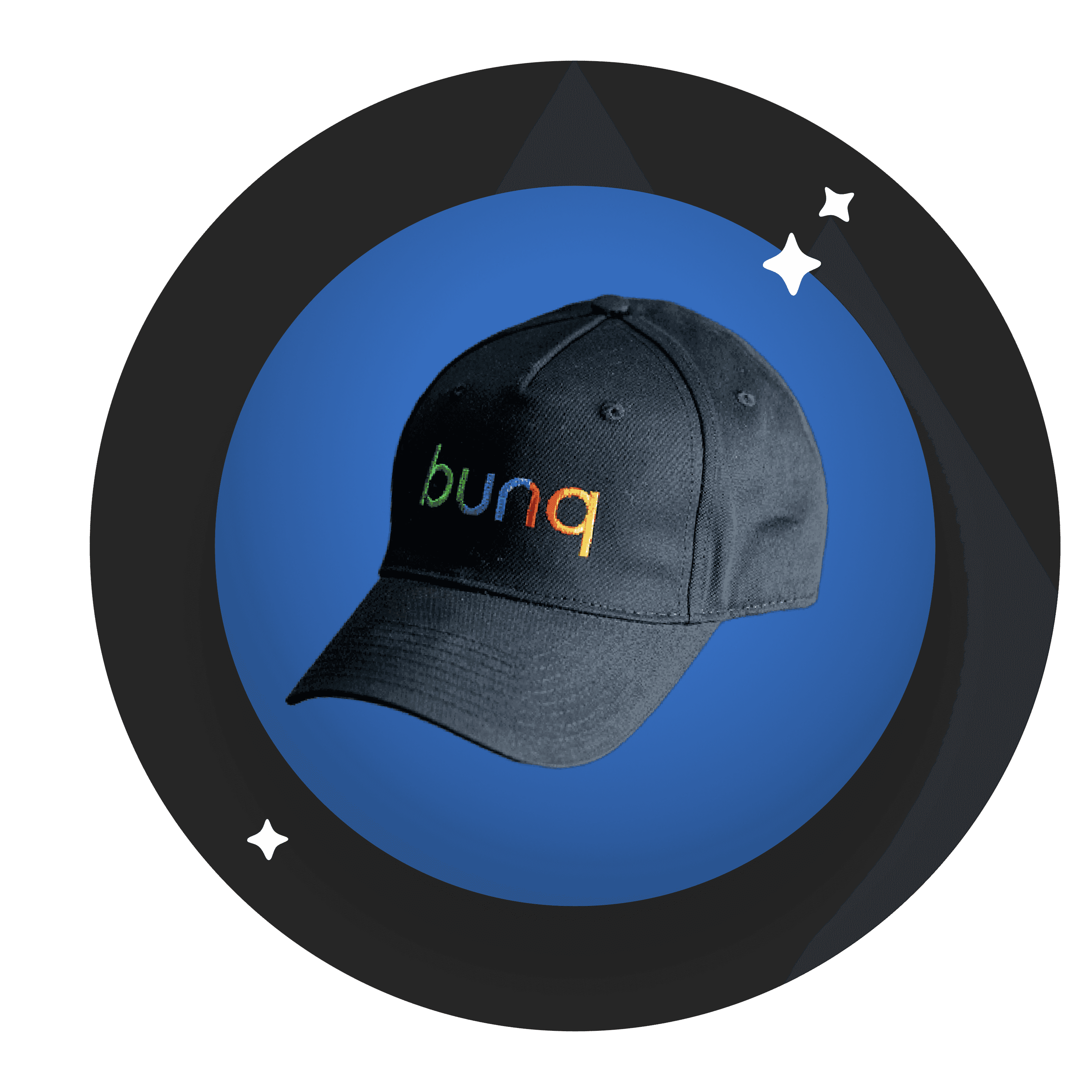 Een blauwe pet afgebeeld tegen een ronde achtergrond met een stervormig ontwerp.