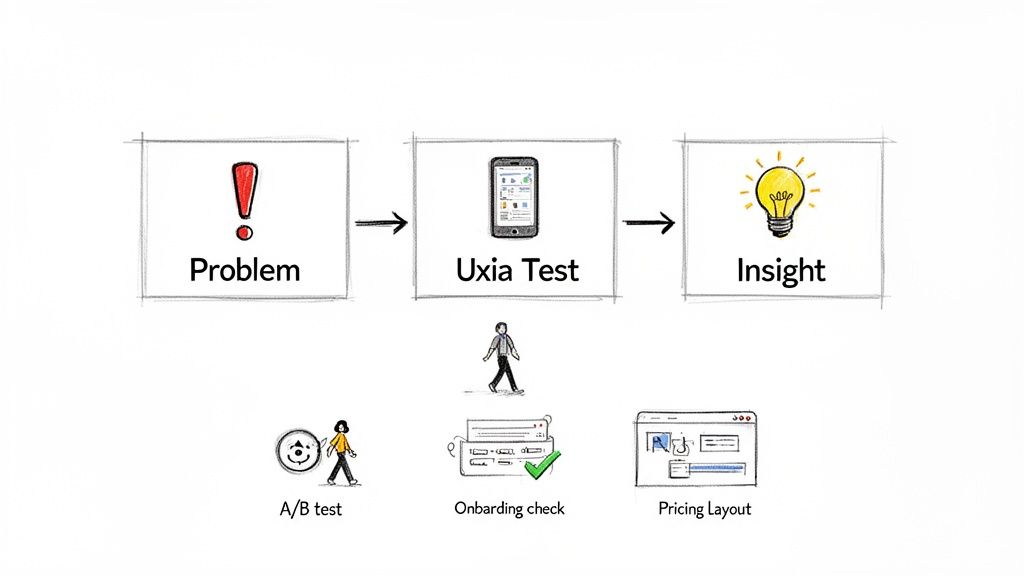 A diagram illustrating problem identification, user experience testing via mobile, and deriving insights for A/B tests.