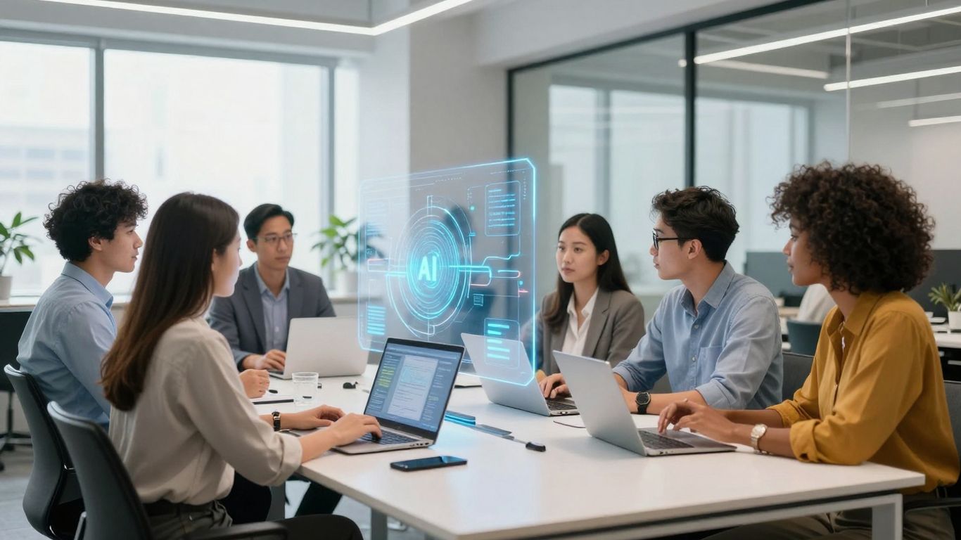 Small business owners using AI SEO tools for success.