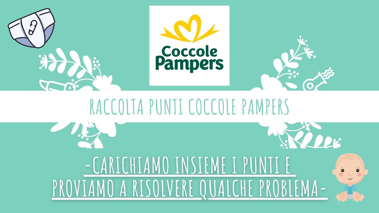Pampers Coccole Raccolta Punti educational video thumbnail featuring brand logo with decorative baby care elements and Italian text explaining points collection system and problem resolution support - content marketing and customer education strategy by Alessandro Brancati Marketing & Growth Studio