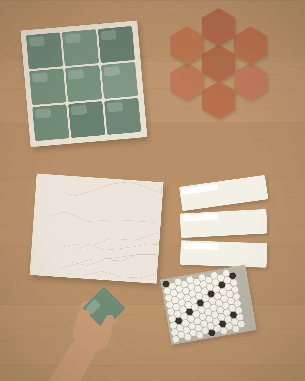 Tile samples laid out on a worktable