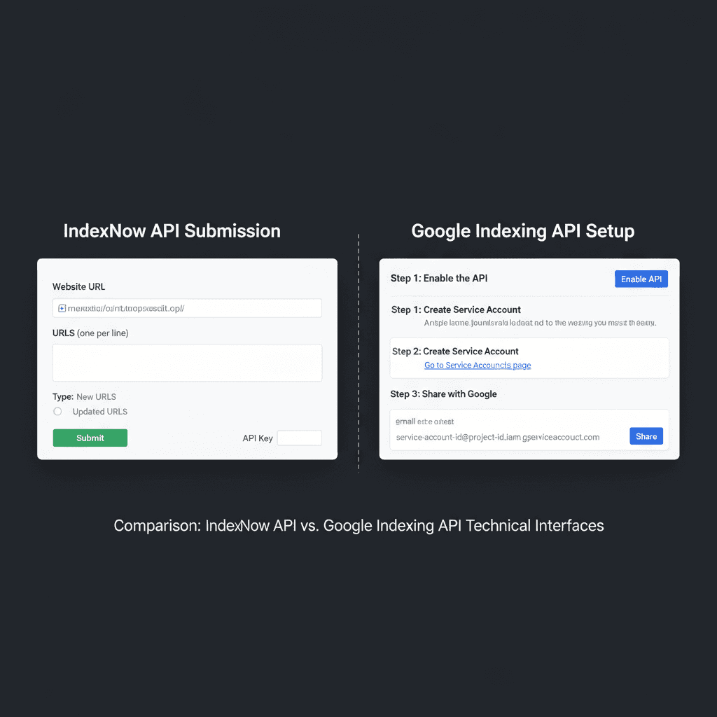 Dual interface view of IndexNow and Google Indexing API configuration screens for automated content discovery