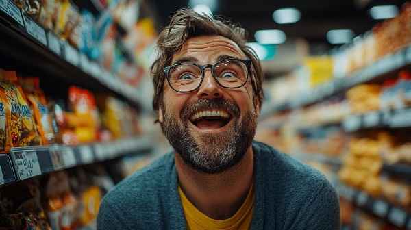 A bearded man with glasses, wearing a yellow shirt and cardigan, looks excited and joyful while shopping in a grocery store aisle filled with colorful snack packages.