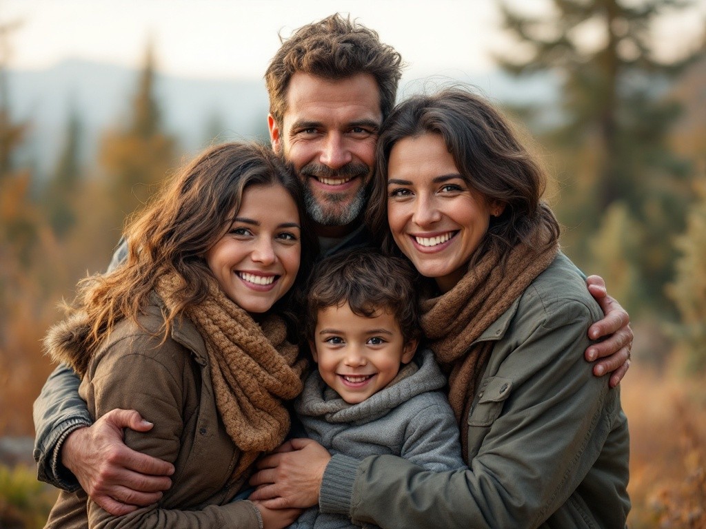 A family of four is hugging each other in the woods.