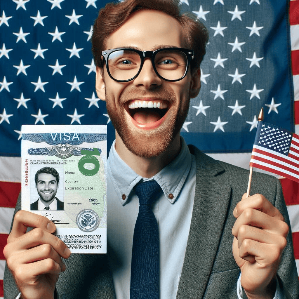 An elated H4 visa holder displaying their Employment Authorization Document, with an American flag backdrop, representing the fulfillment and new professional opportunities afforded by obtaining a work permit.