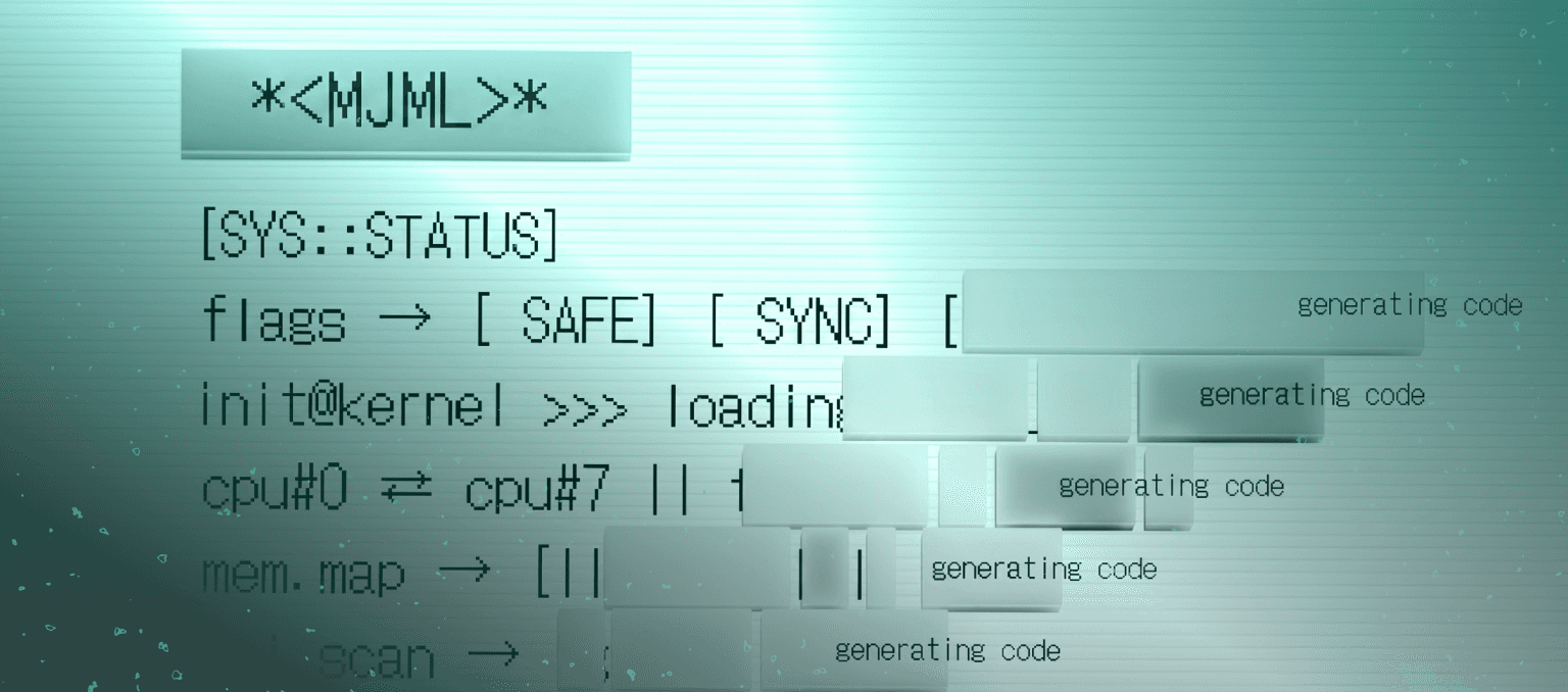 Abstract terminal-style interface showing MJML setup commands and automated code generation during email development configuration.
