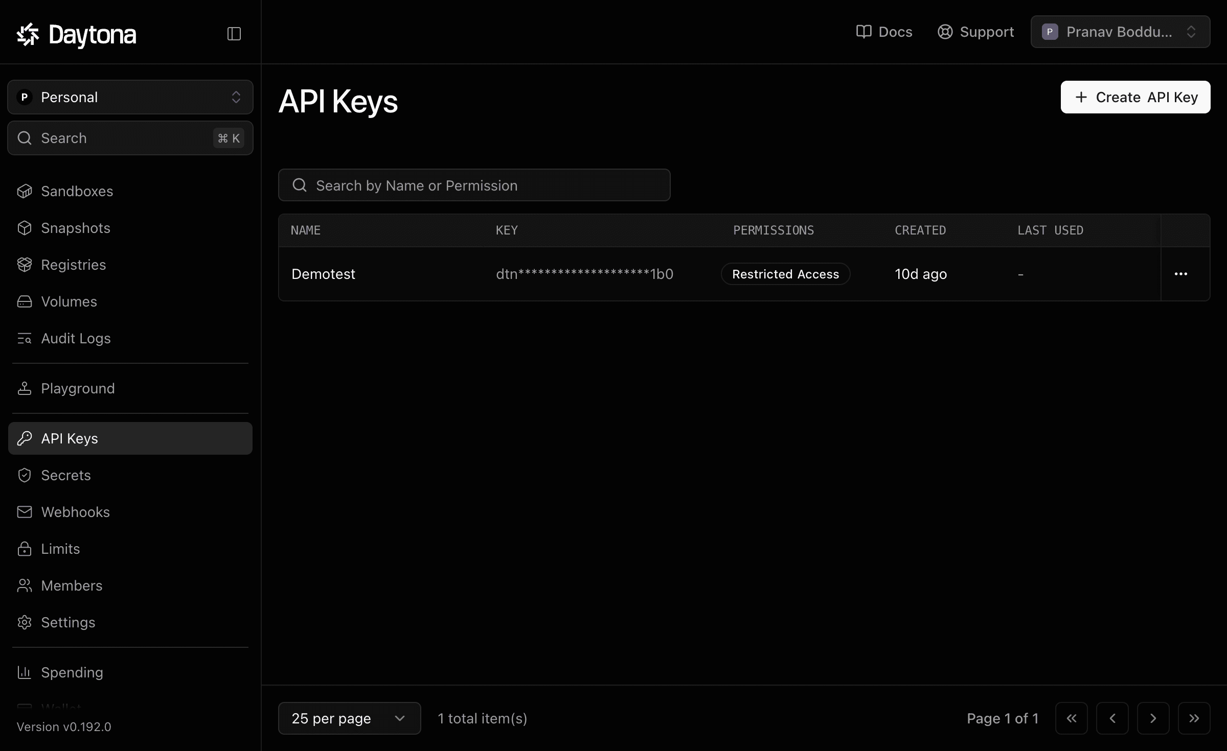 Daytona API Keys page
