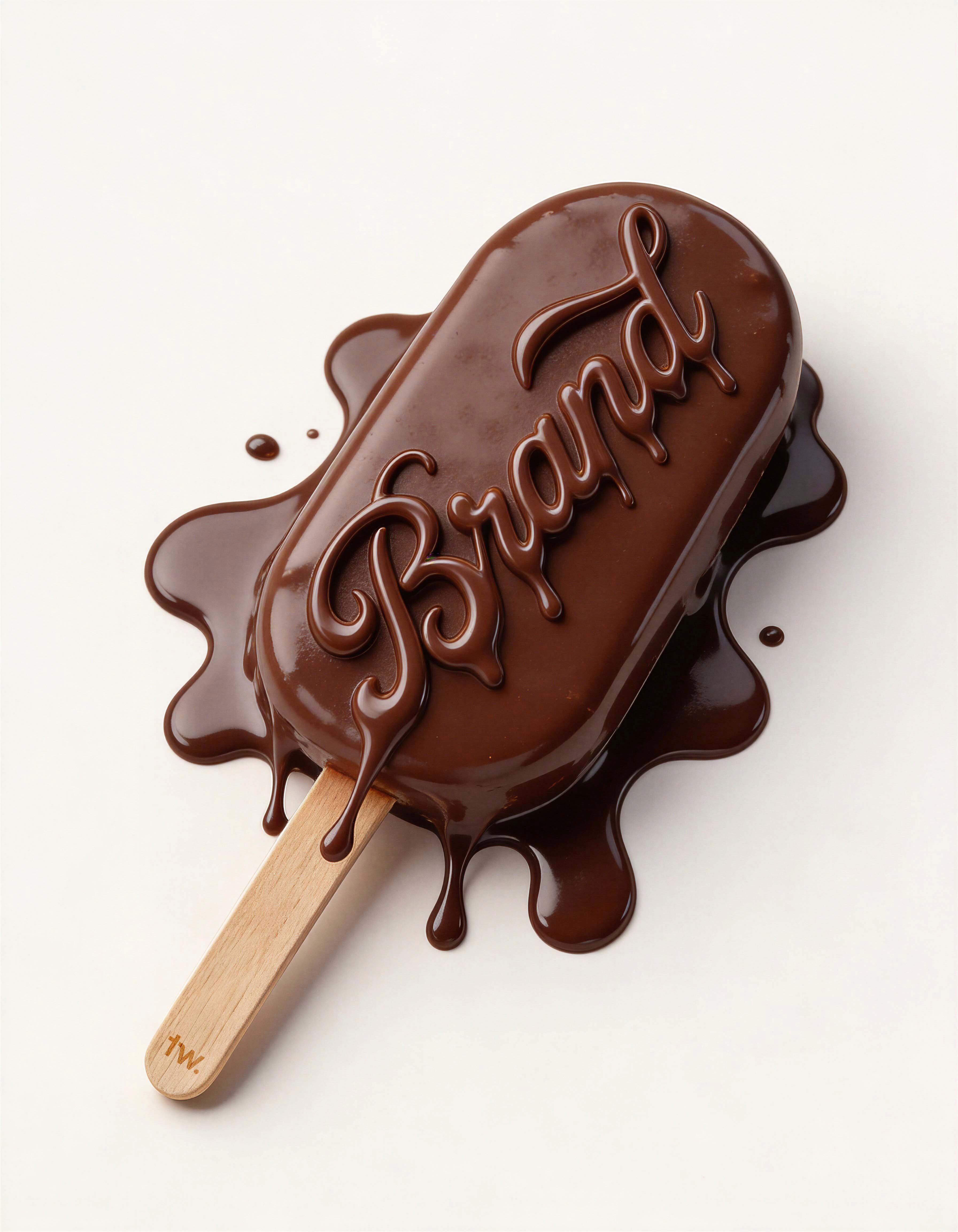 A choc ice on a stick melting on white surface word Brand is made of chocolate in cursive font on top of it