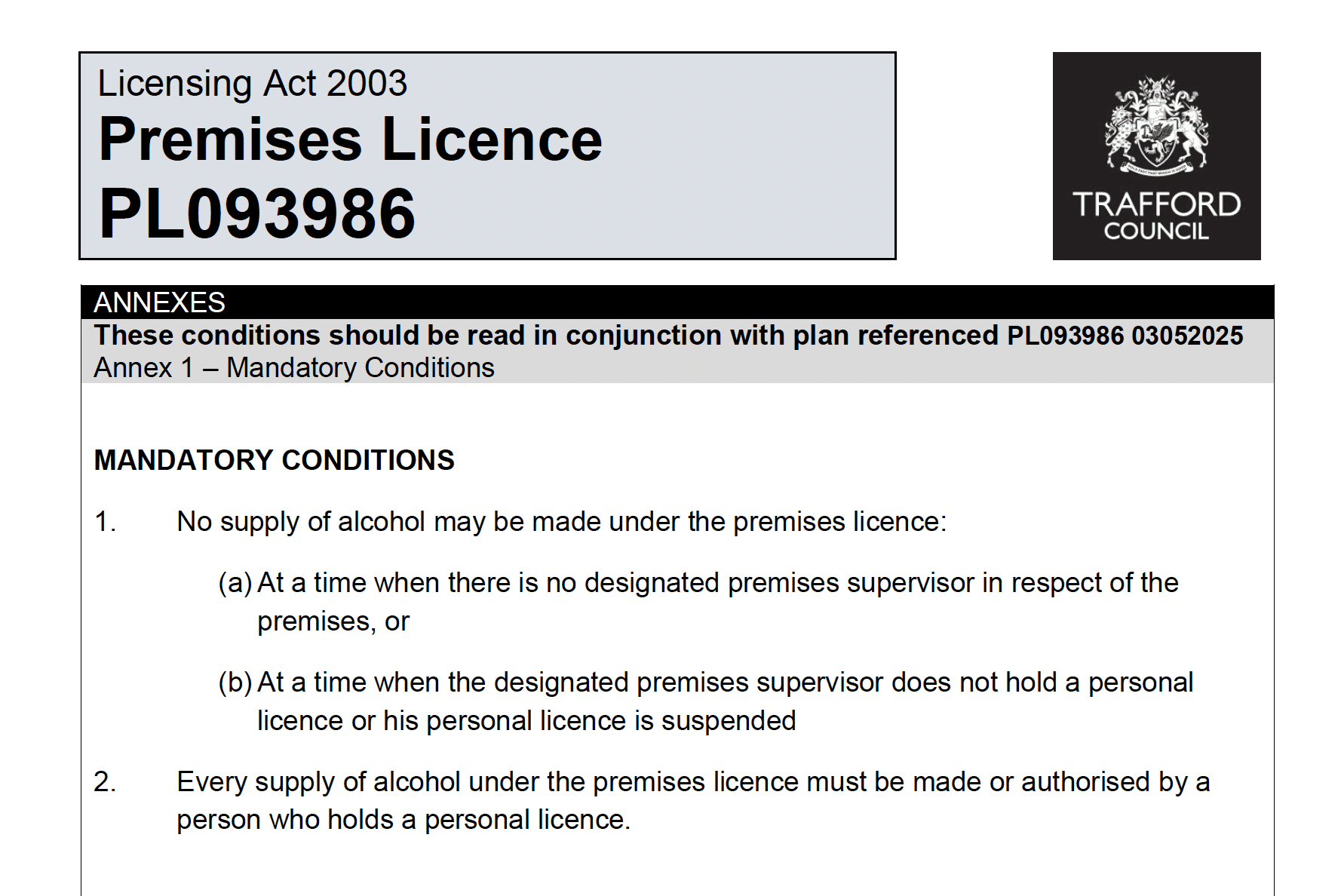 Official premises licence document prepared with Barnab’s help.