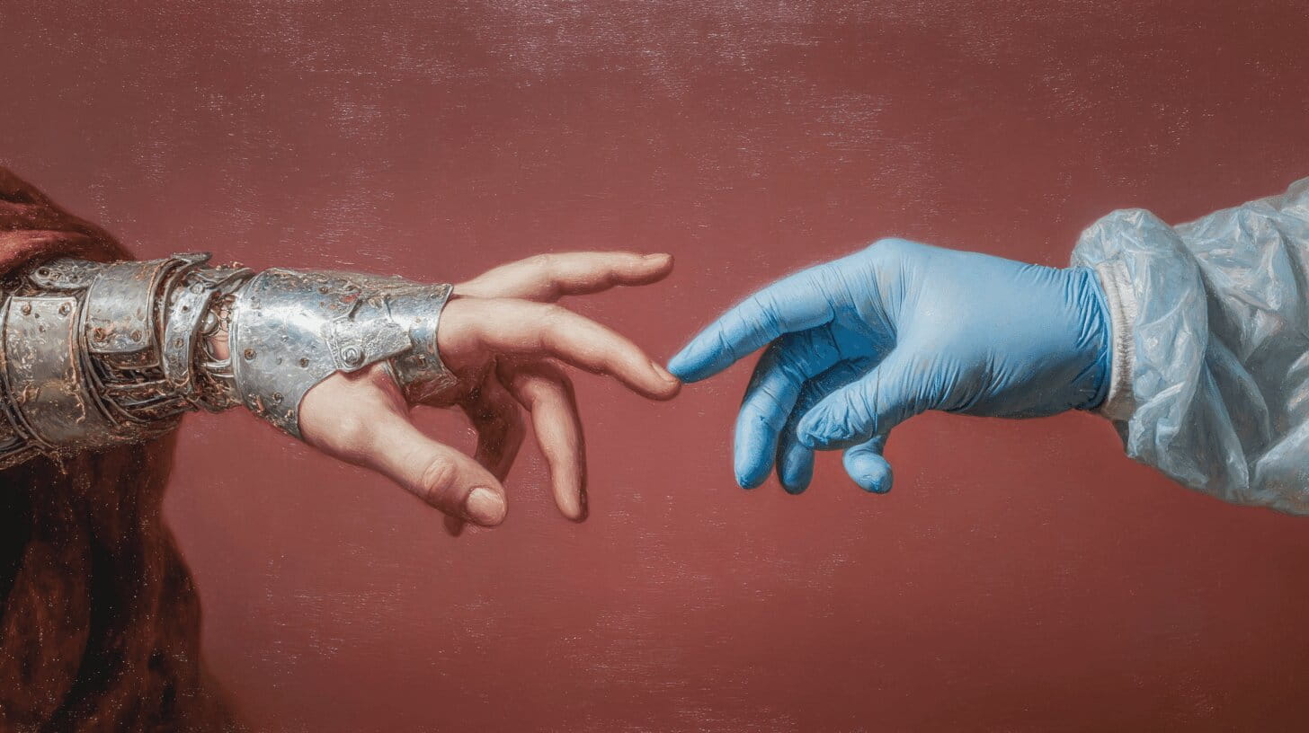 A medivial hand reaching out and touching finger tips with another hand in a medical glove and gear