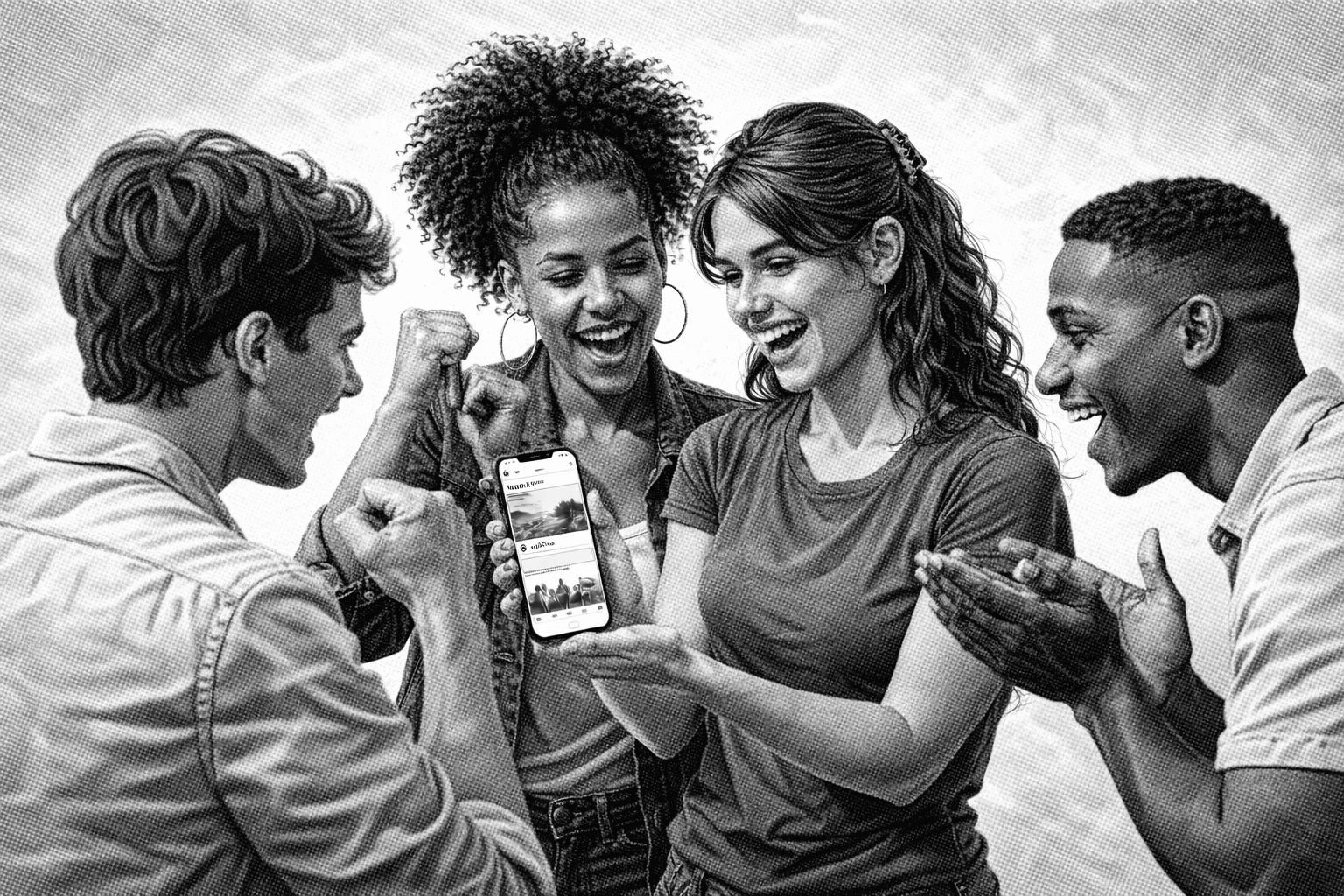 group of people standing around, laughing. a girl shows off her phone screen. black and white.