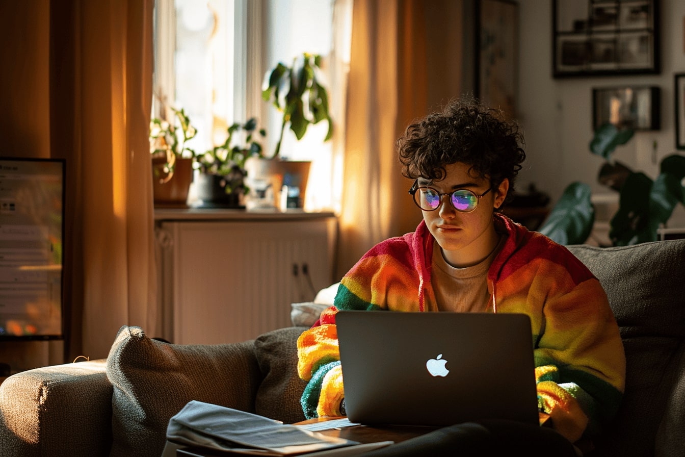 An LGBTQ person reading an article on a MacBook