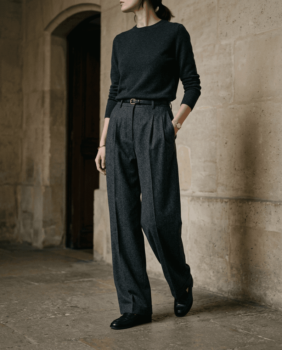 Camel Wide-Leg Wool Trousers — Charcoal — full