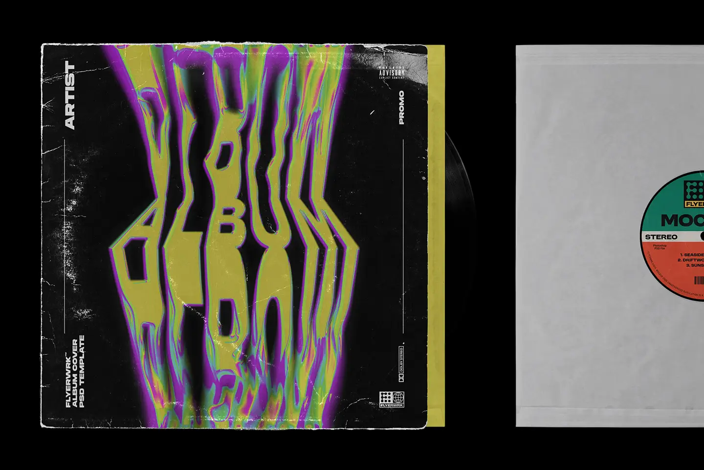 Vinyl record mockup displaying custom album cover design with colorful artwork