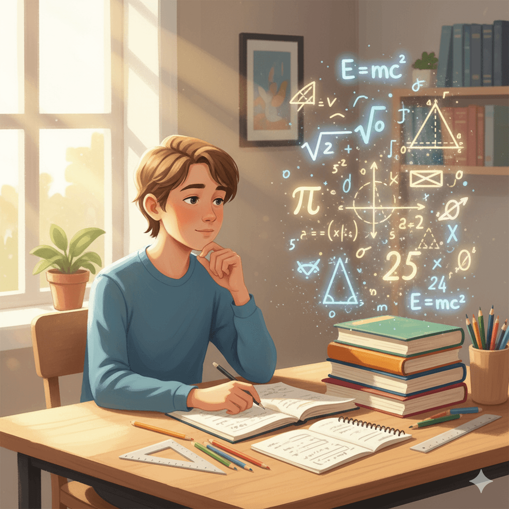 Estudante concentrado a preparar teste de matemática em ambiente de estudo organizado com fórmulas e livros