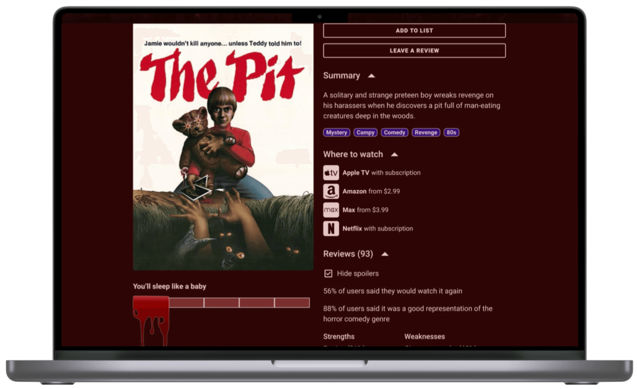 v2 desktop mockup showing detail page for a movie called "The Pit"