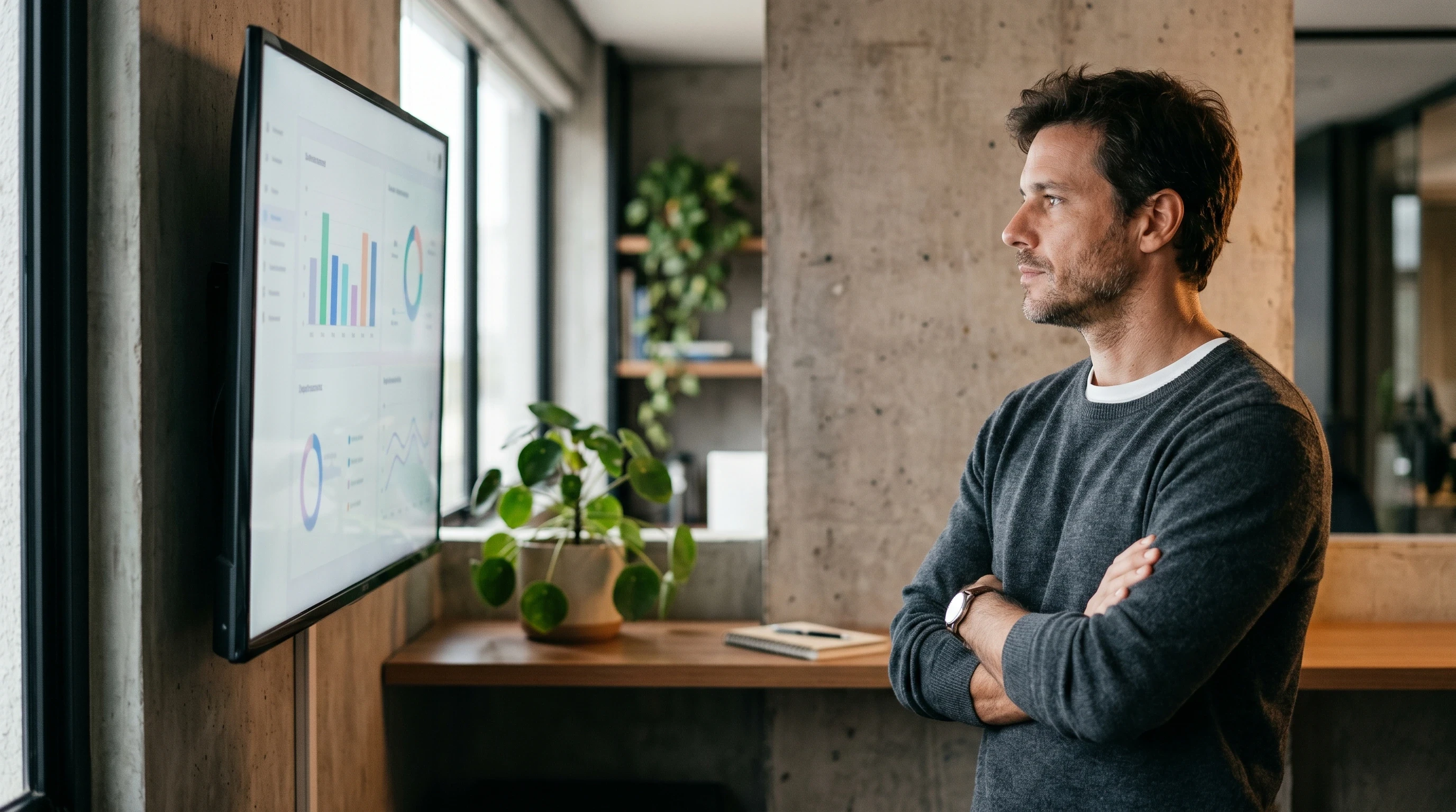 Empresário em escritório editorial observando dashboard de métricas com gráficos de performance, representando o processo de diagnóstico dos gargalos comerciais que travam a conversão de leads.