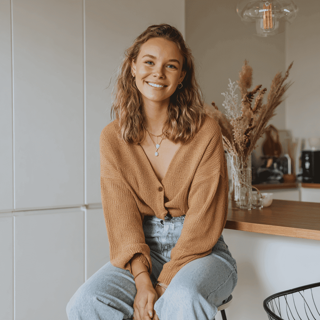 Sara is a client smiling to the camera happily