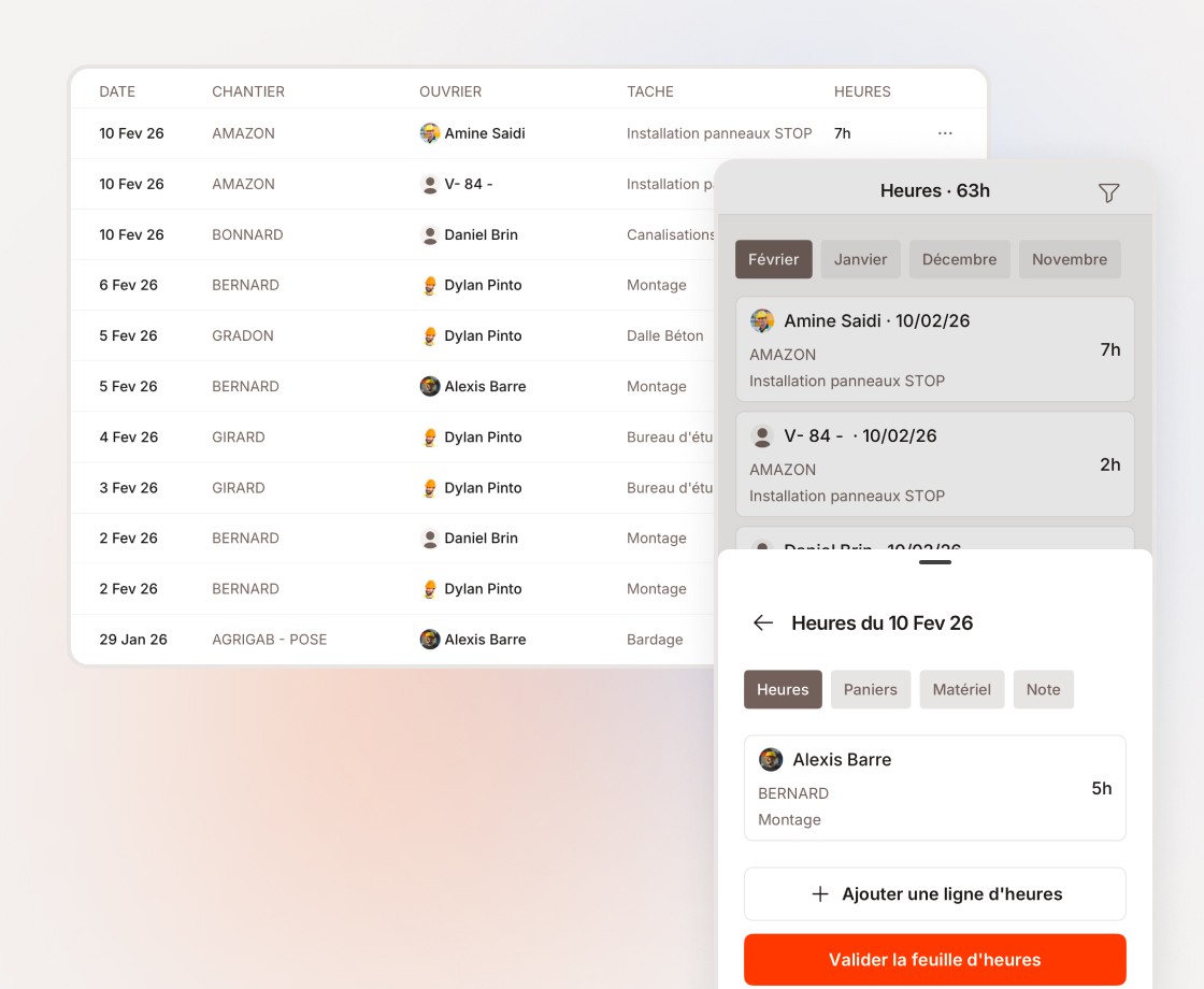 Feuilles d'heures numériques par chantier dans l'interface Suivichantier.com