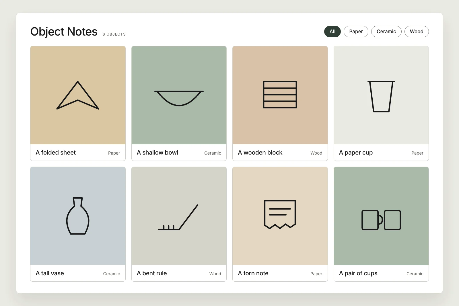 Object Notes catalog grid of eight simple object drawings on tinted cards, with category filters.
