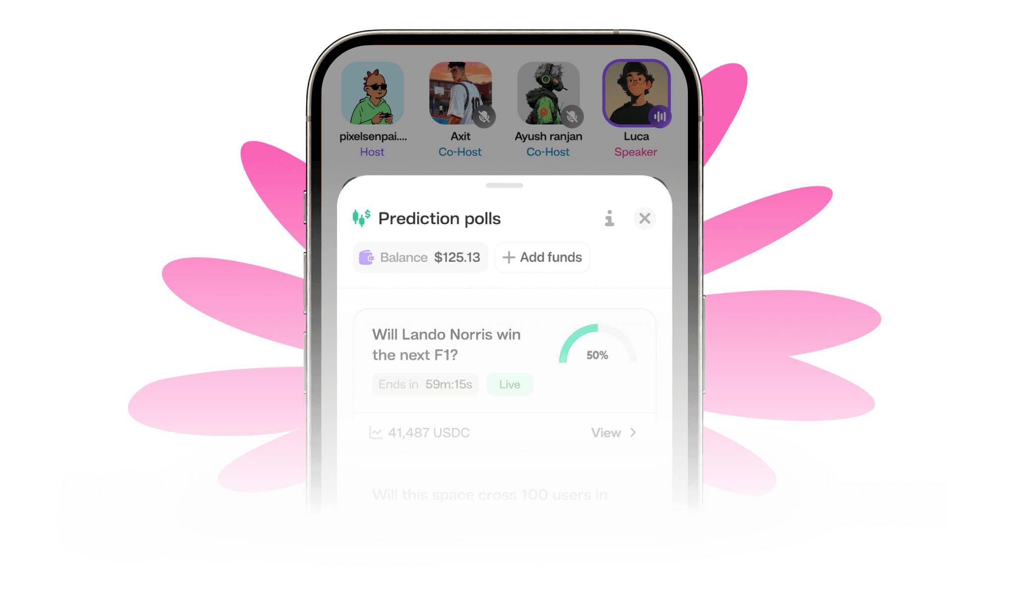 Prediction poll interface showing a live question and voting stats in the House app.
