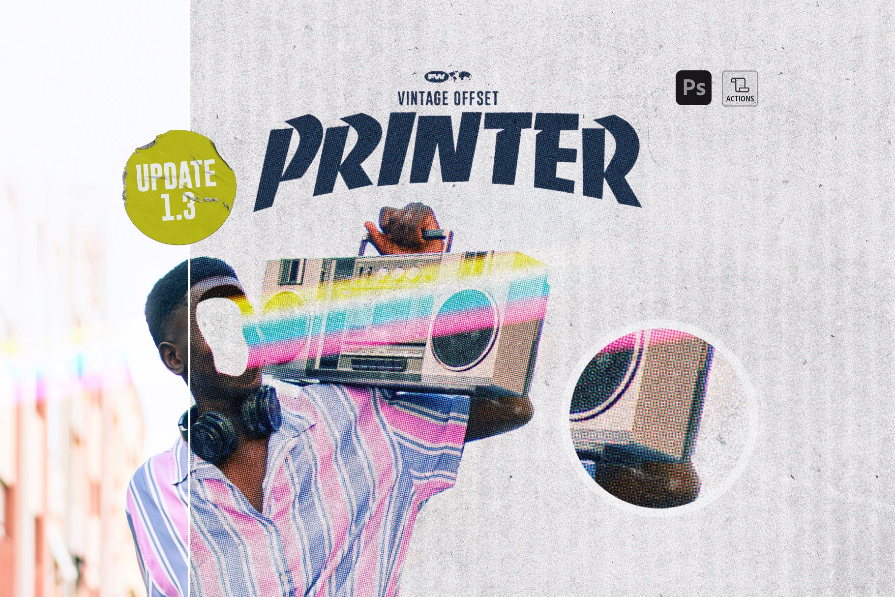 Vintage offset printer photoshop action showing a retro print effect on a man with boombox