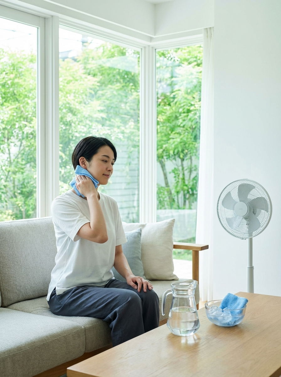 Cooling techniques such as cold showers, hydration, and cold washcloths in a home setting.