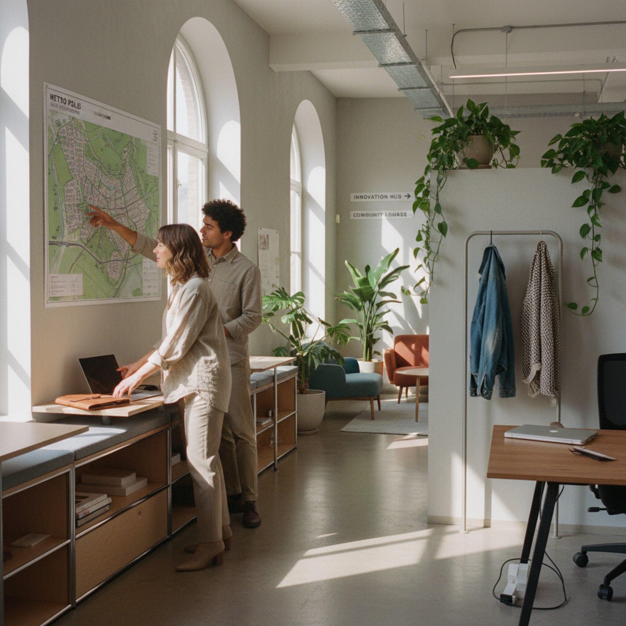 Ein lichtdurchflutetes Großraumbüro mit klar markierten Bereichen. Eine Mitarbeiterin legt ihr Notizheft an einen Fensterplatz, ein Kollege zeigt auf einen Plan an der Wand. Jacken an einem Garderobenständer, ruhige Farben und Pflanzen erzeugen Übersicht und Ruhe.