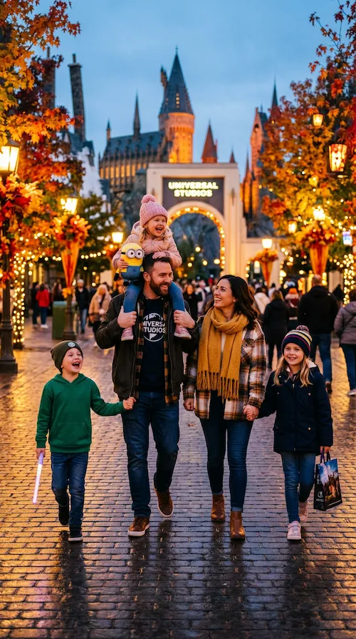 Image de um família com três crianças sorrindo e andando no parque da Universal.