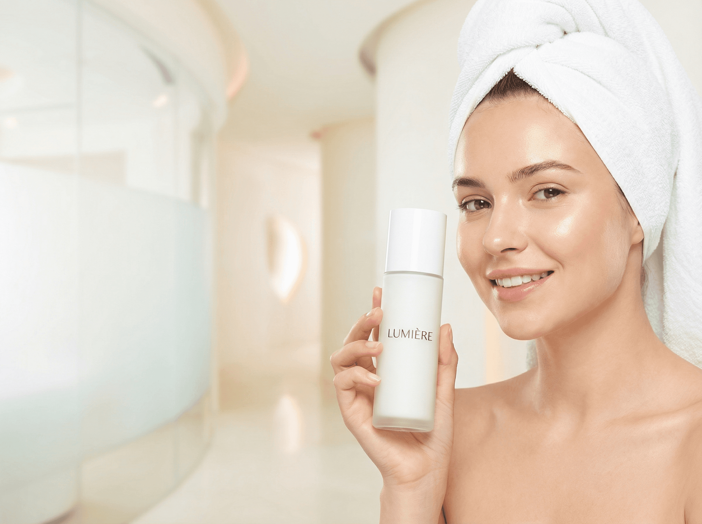 Smiling woman in towel holding a LUMIÈRE skincare product.