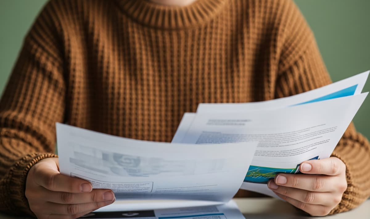 A person in a brown jumper holding documents up to the camera, we can only see their hands and torso