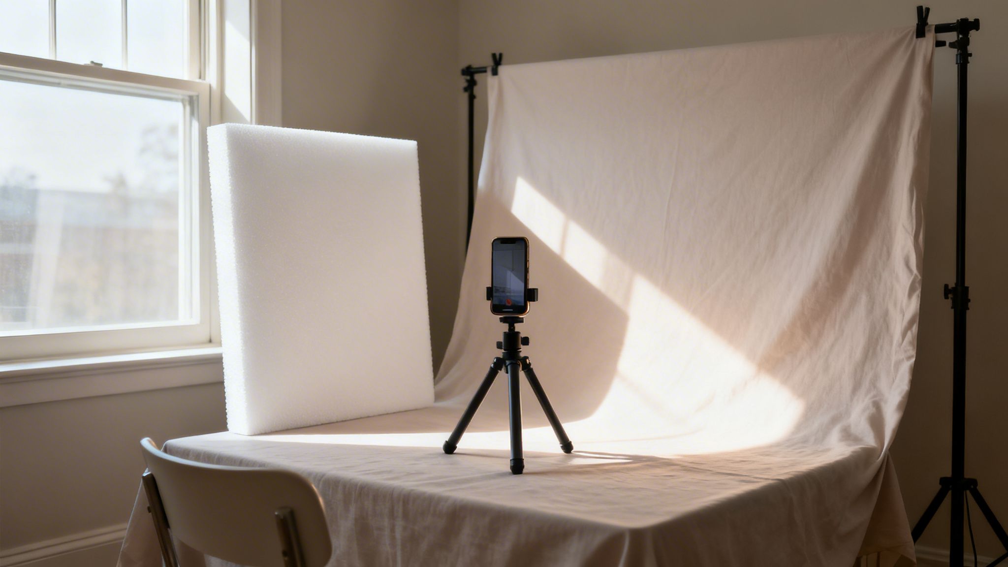 Ein DIY-Foto-Setup mit Smartphone auf Stativ, Reflektor und Stoffhintergrund am Fenster.