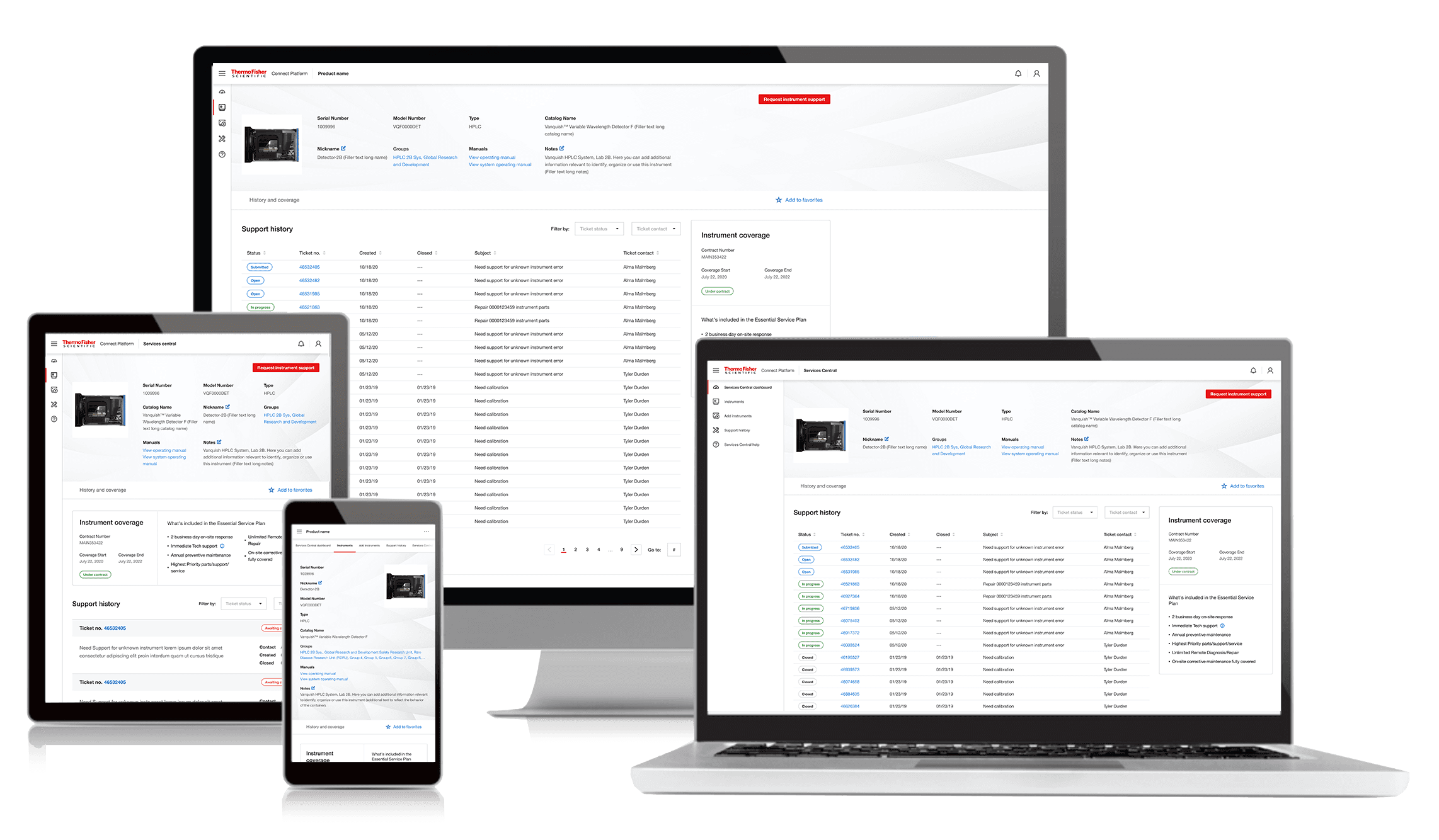 All screen resolution examples of Services Central.