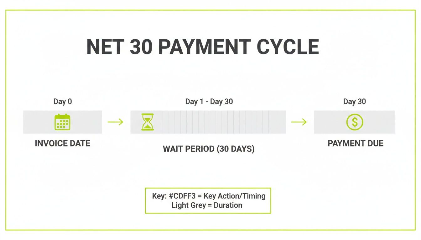 Timeline diagram illustrating the Net 30 payment cycle, showing invoice date, 30-day wait period, and payment due.
