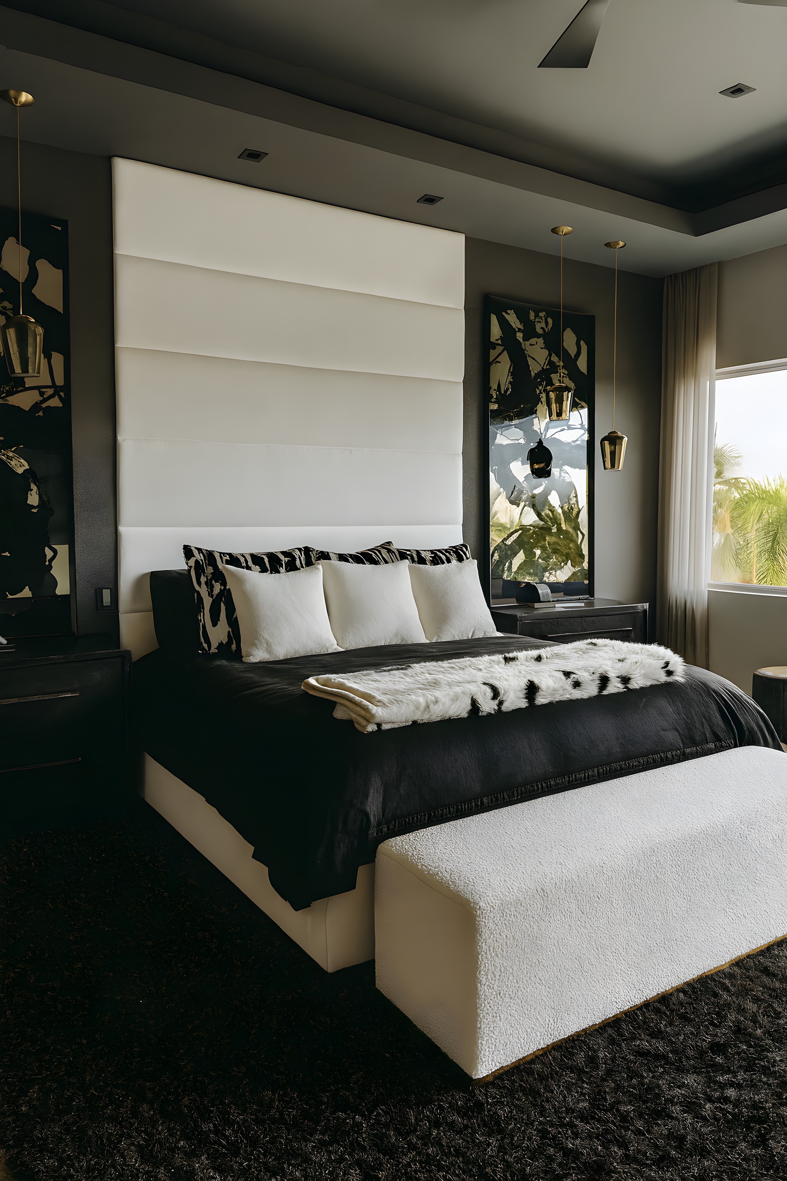 Luxurious modern bedroom with oversized white paneled headboard, black bedding accented with white pillows and faux fur throw, gold pendant lights, and large windows with sheer drapery.