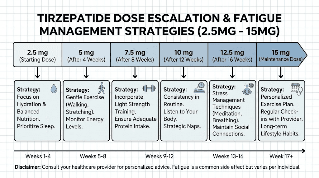 Tirzepatide dose escalation chart with fatigue management strategies at each dose level
