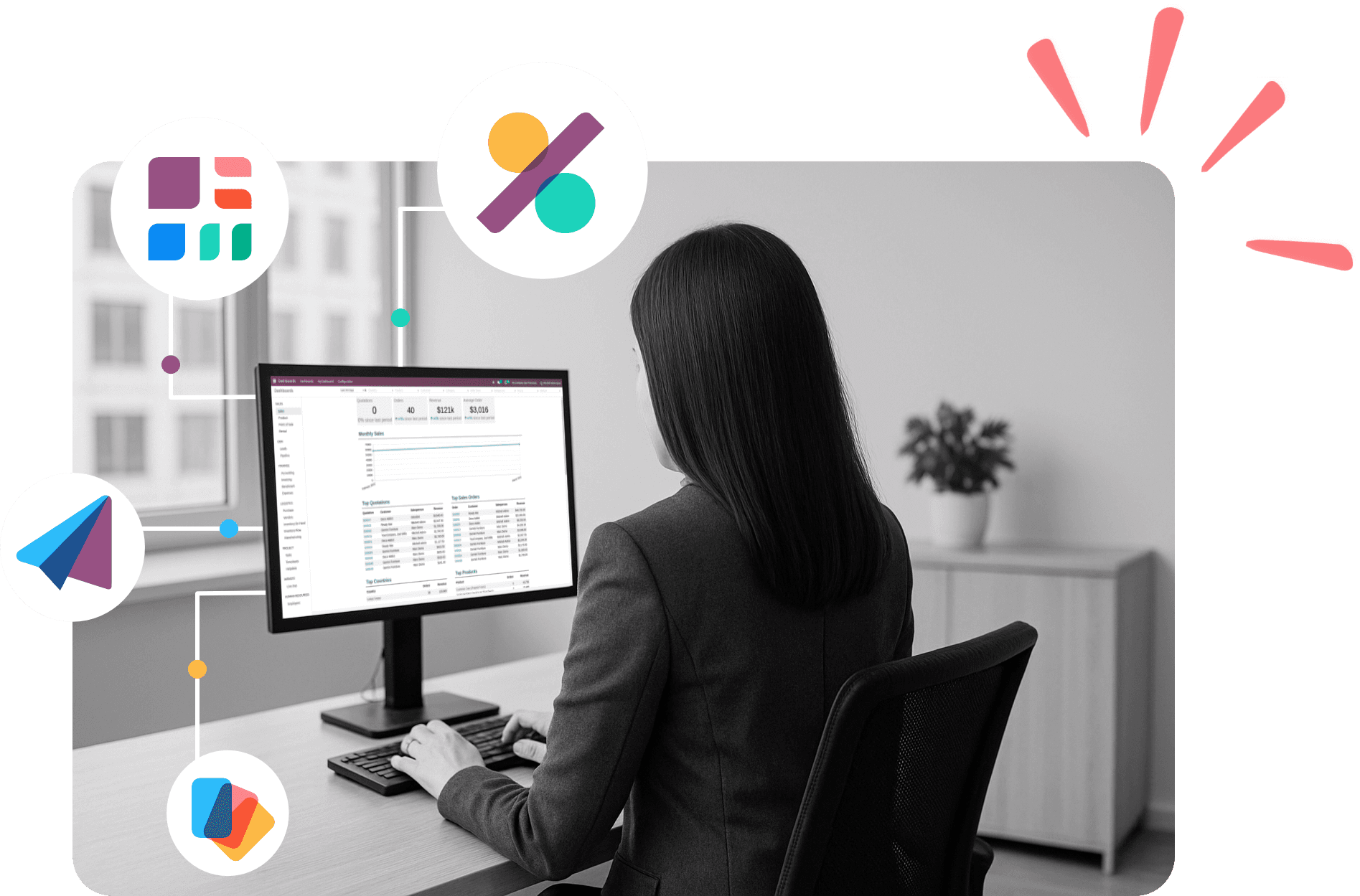 Adelaide business professional using Odoo ERP software on desktop computer with finance and integration icons