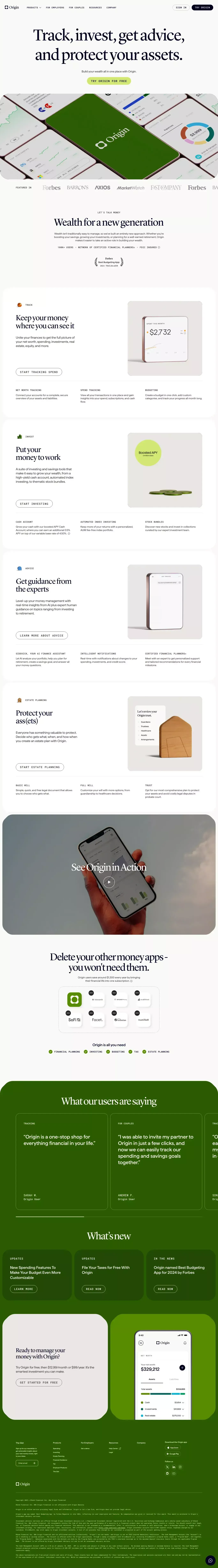 Origin - Budget, Track Spend, Invest, an landing page screenshot showcasing Finance and Tech design