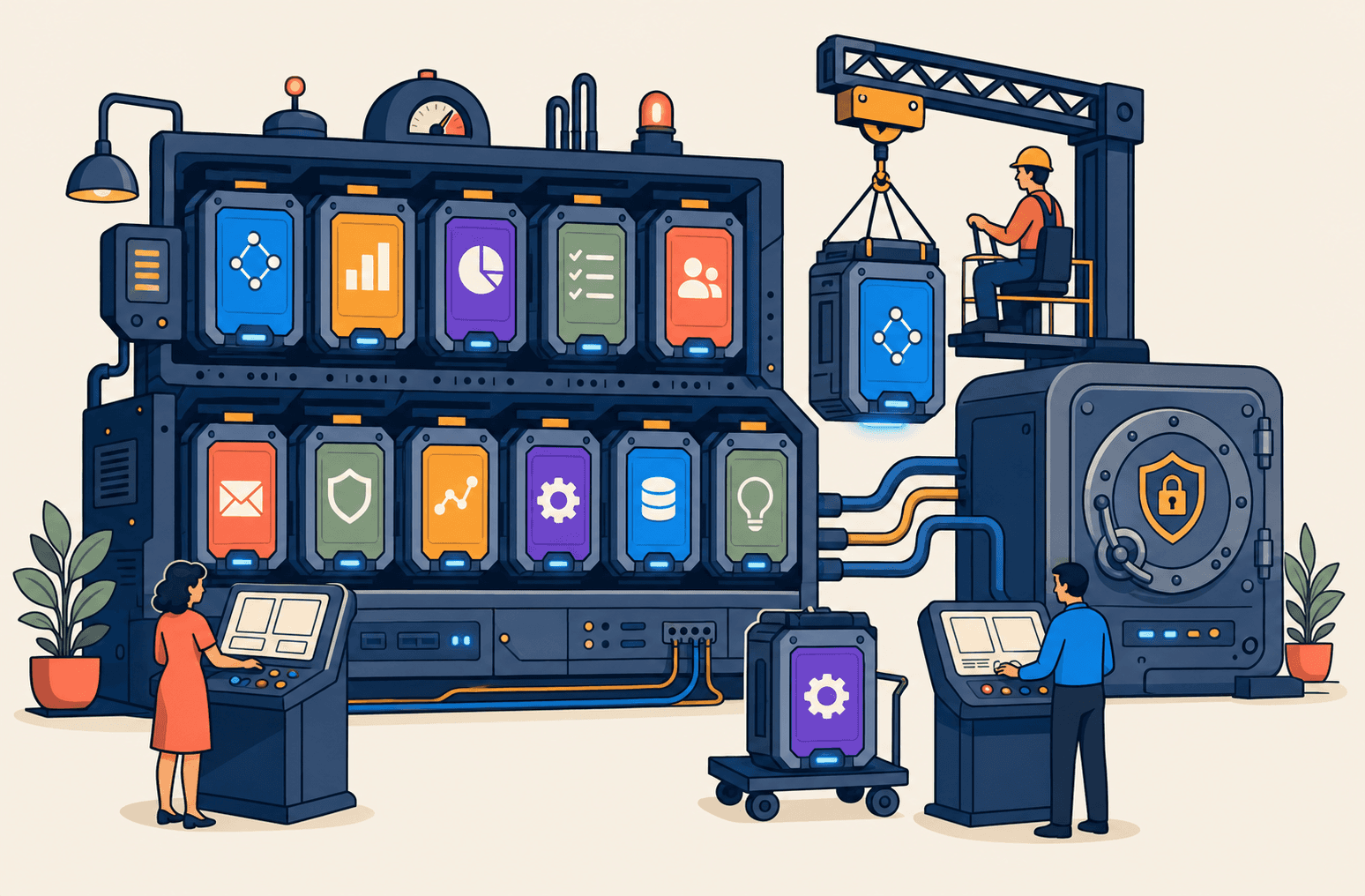 Illustration: Austauschbare KI-Modell-Module vor einem Wissenstresor