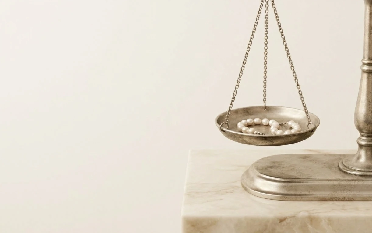 Vintage-Waage aus Metall mit Perlenkette in der Schale auf Steinoberfläche, weiches Licht vor hellem Hintergrund