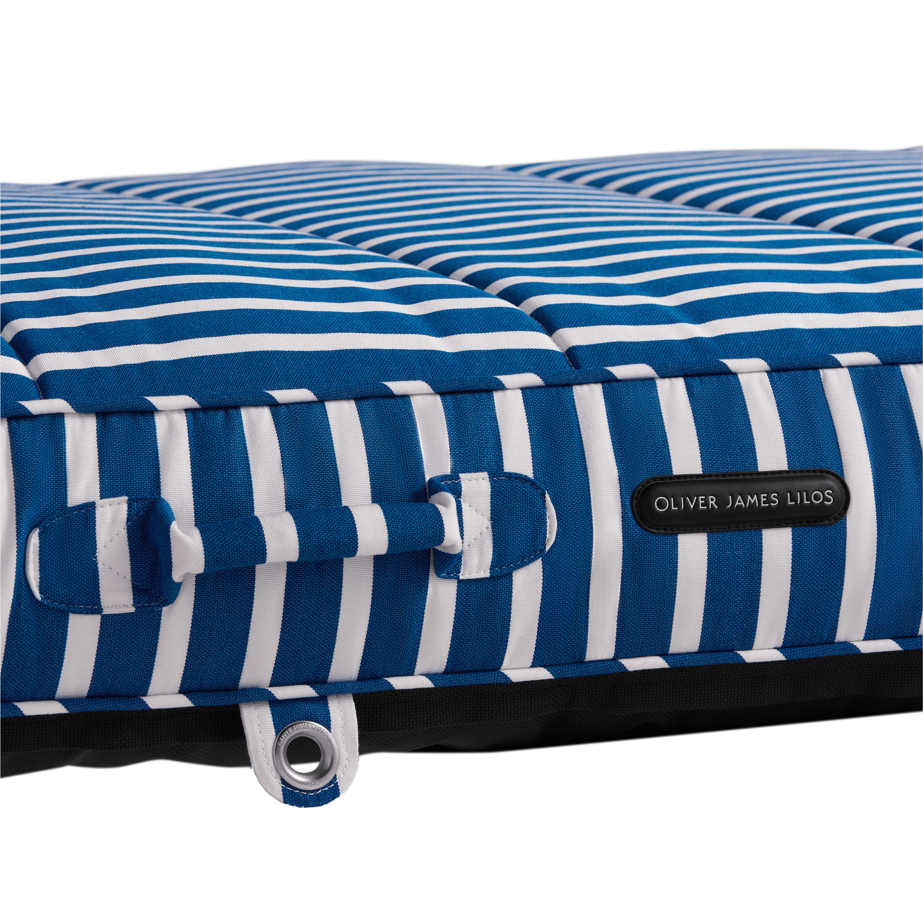 Close-up of a pool float with blue-and-white canvas handle, topstitched seams, and stainless eyelet