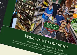 Jimmy’s Food Store website design featuring the Dallas store, product aisles, and brand story.