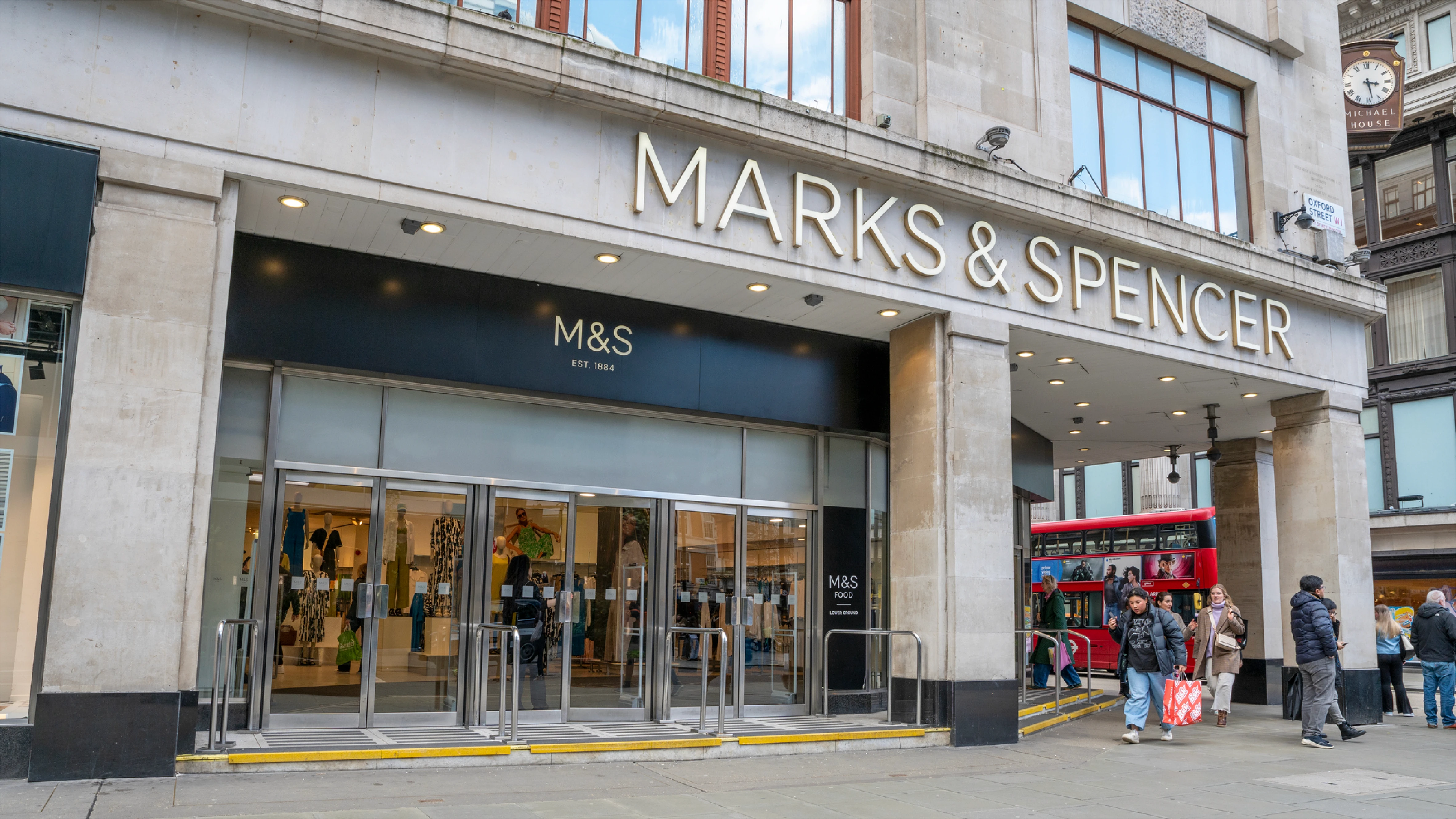 Front entrance of a Marks & Spencer (M&S) department store on Oxford Street, London, illustrating the M&S cyberattack.