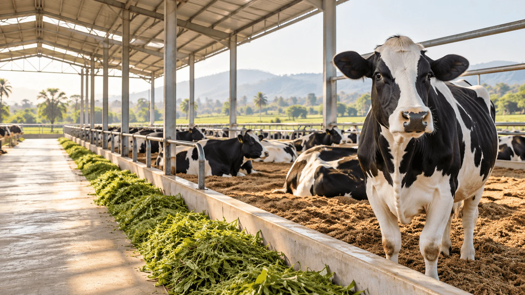 Illustrative Holstein Friesian cow in a spacious modern dairy barn
