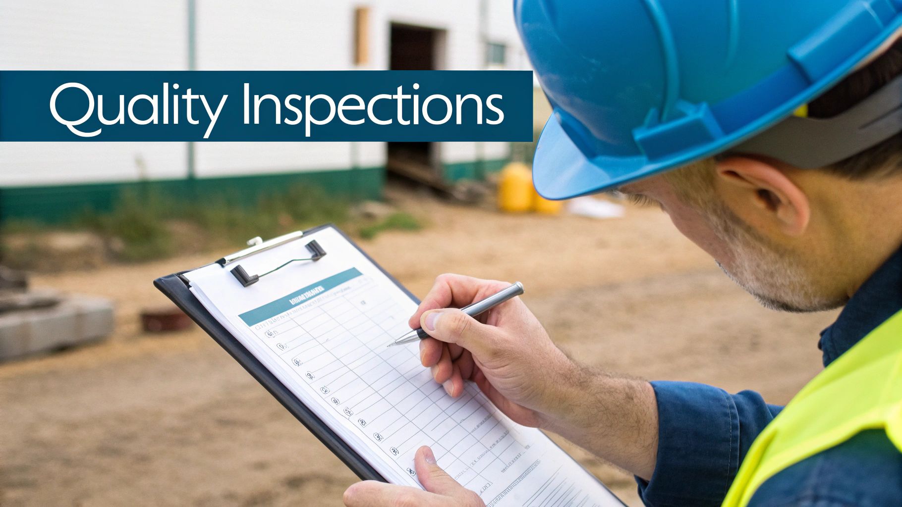 A construction worker in a hard hat and safety vest reviews a checklist on a clipboard for quality inspections.
