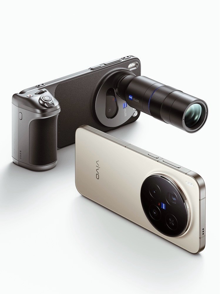 A close-up view of the vivo X300 Series smartphone and camera accessories, showcasing a sleek design with a distinct camera lens and grip.