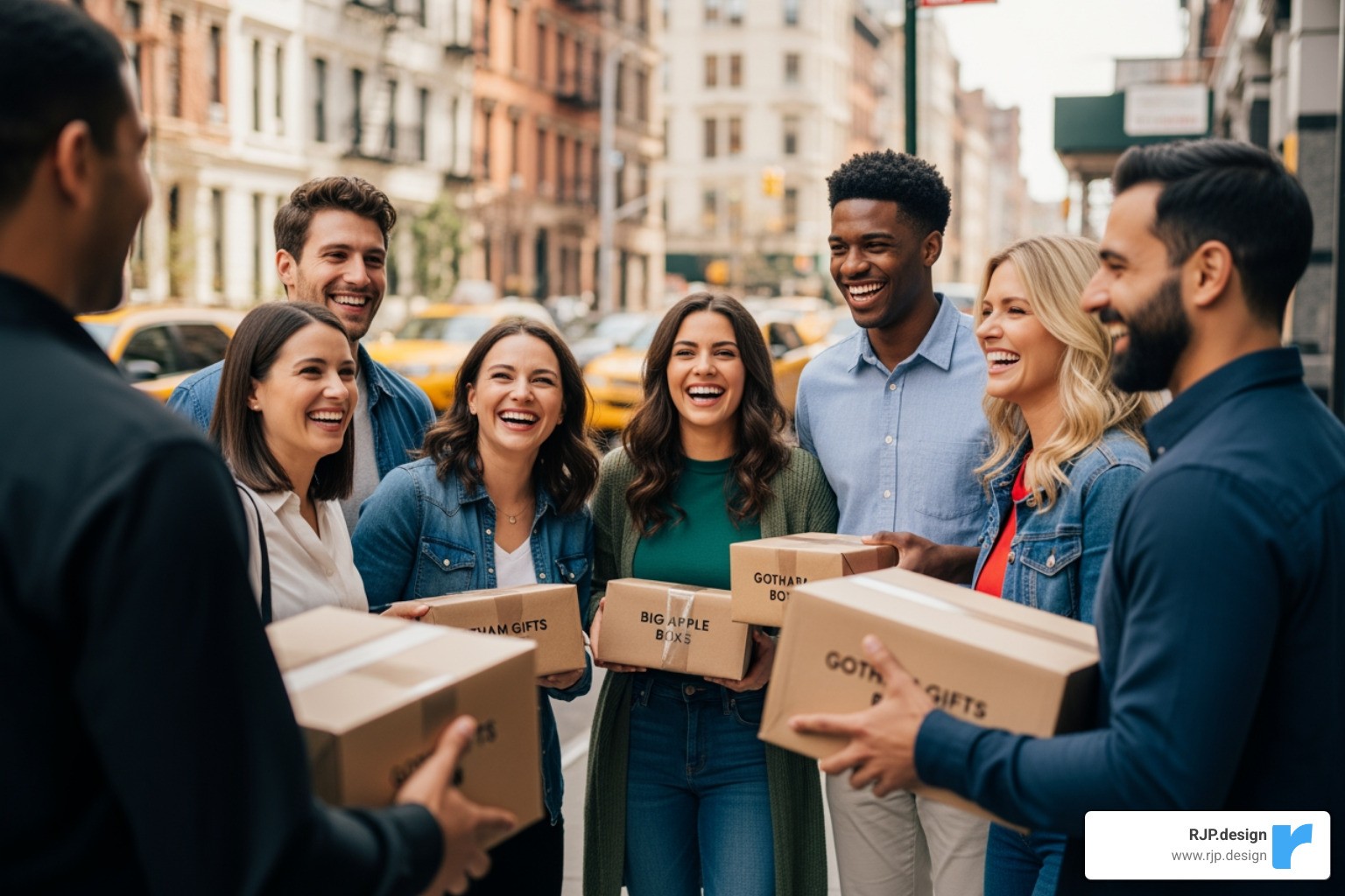 Diverse group of happy customers receiving packages from an NYC-branded store - ecommerce web design new york