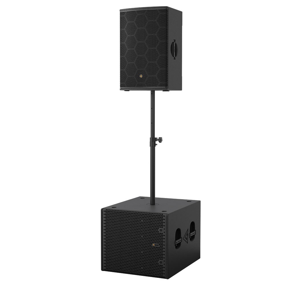 Speaker on stand above subwoofer