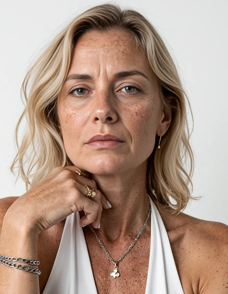 Portrait photograph featuring blonde hair, natural freckles, and minimal jewelry against a white background in soft, natural lighting.