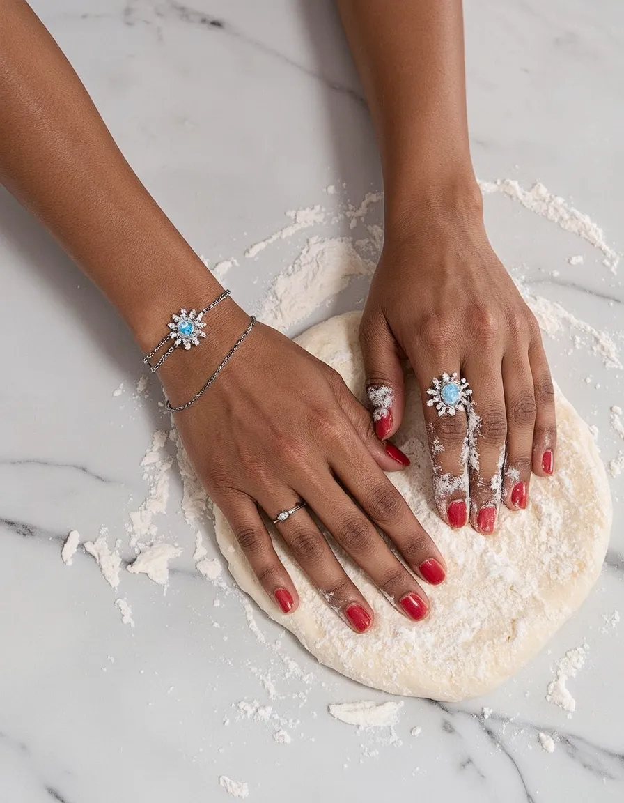 Hands with red manicure kneading dough on marble, wearing matching turquoise flower jewelry - bracelet and ring with diamond accents